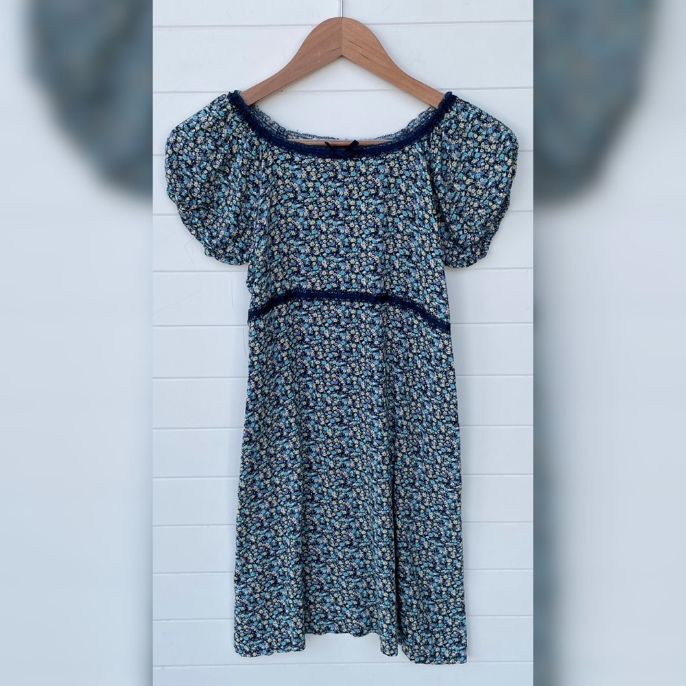 Cherokee Vintage 90s Micro Floral Lace Trim Bow Zipper Casual Dress Puff Sleeve
